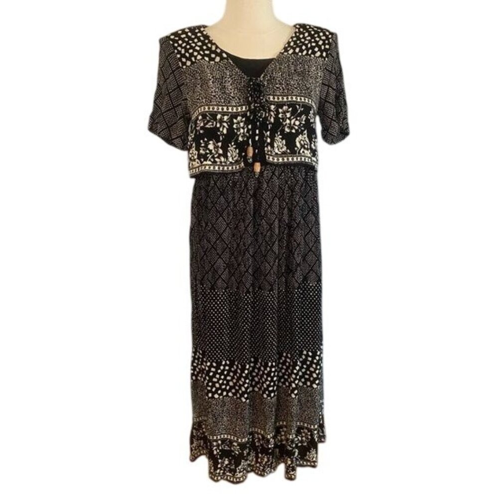 Vintage Bedford Fair Black Floral Spots Dress cottagecore medium